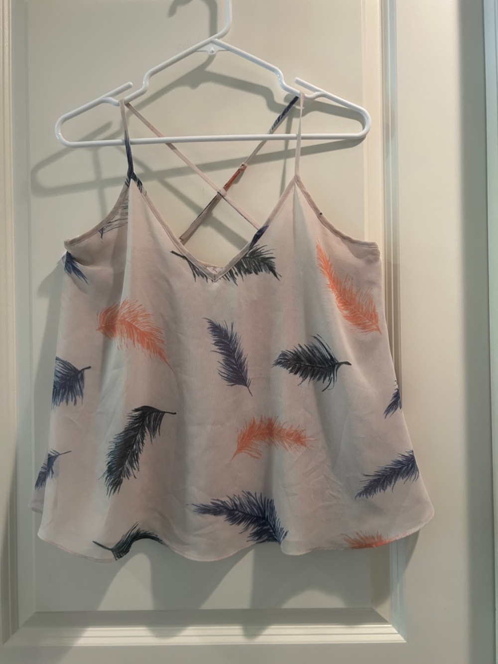 Rory Beca Feather Print Strappy Cami Top White w/ Blue & Orange Feathers size M